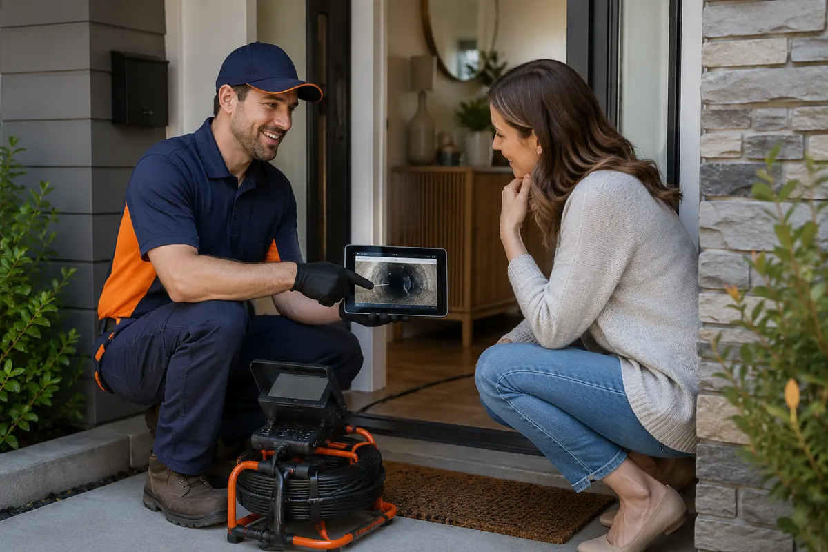 Drain Authority technician reviewing camera inspection findings with a Renton customer.