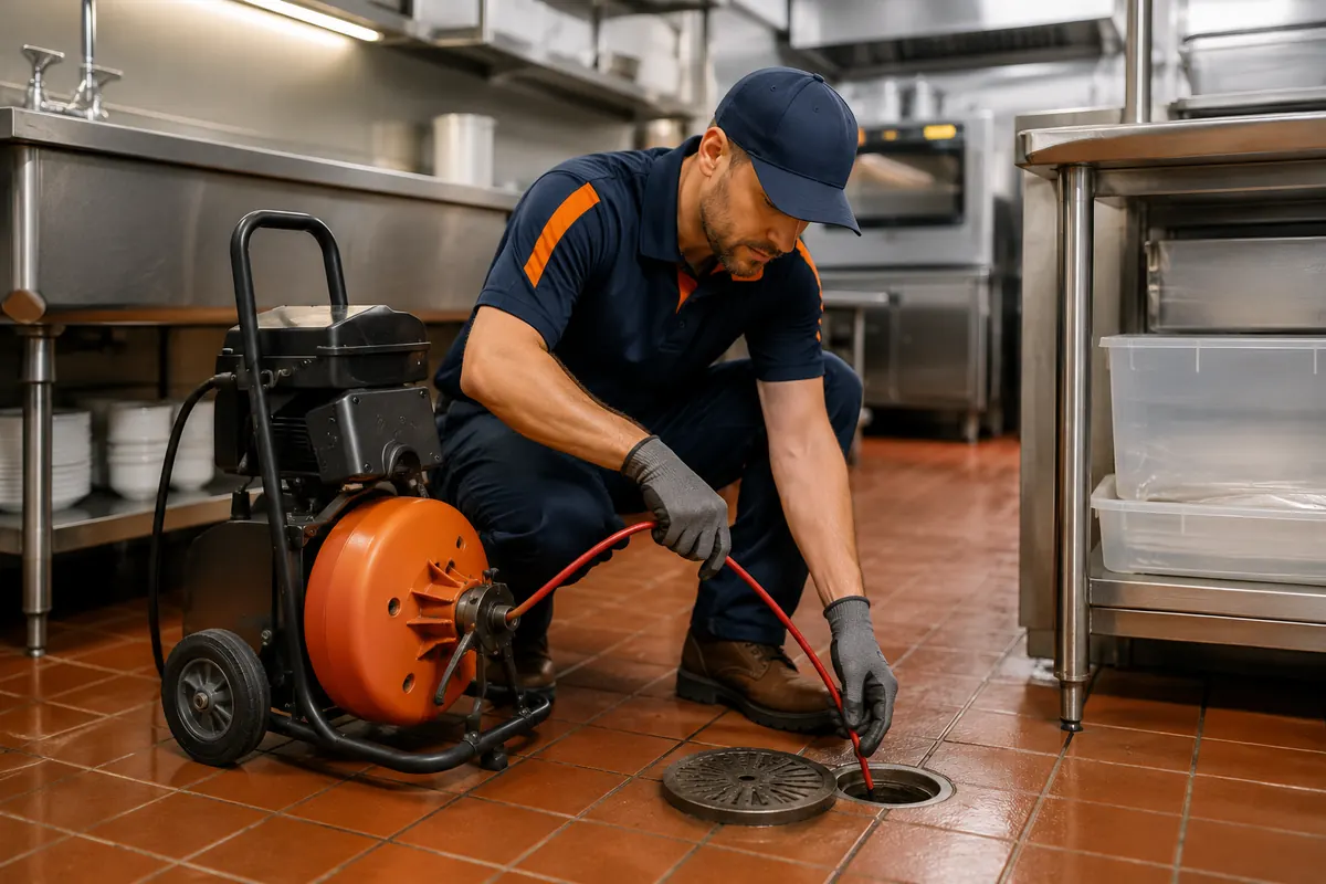 Drain Authority technician servicing a commercial floor drain for a Redmond business.
