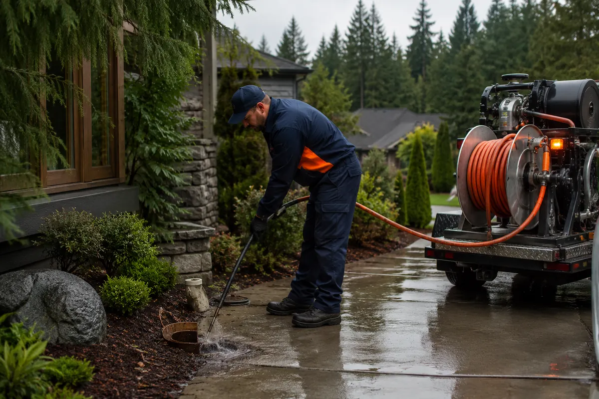 Drain Authority technician using professional drain cleaning equipment at an exterior cleanout in Renton, WA.