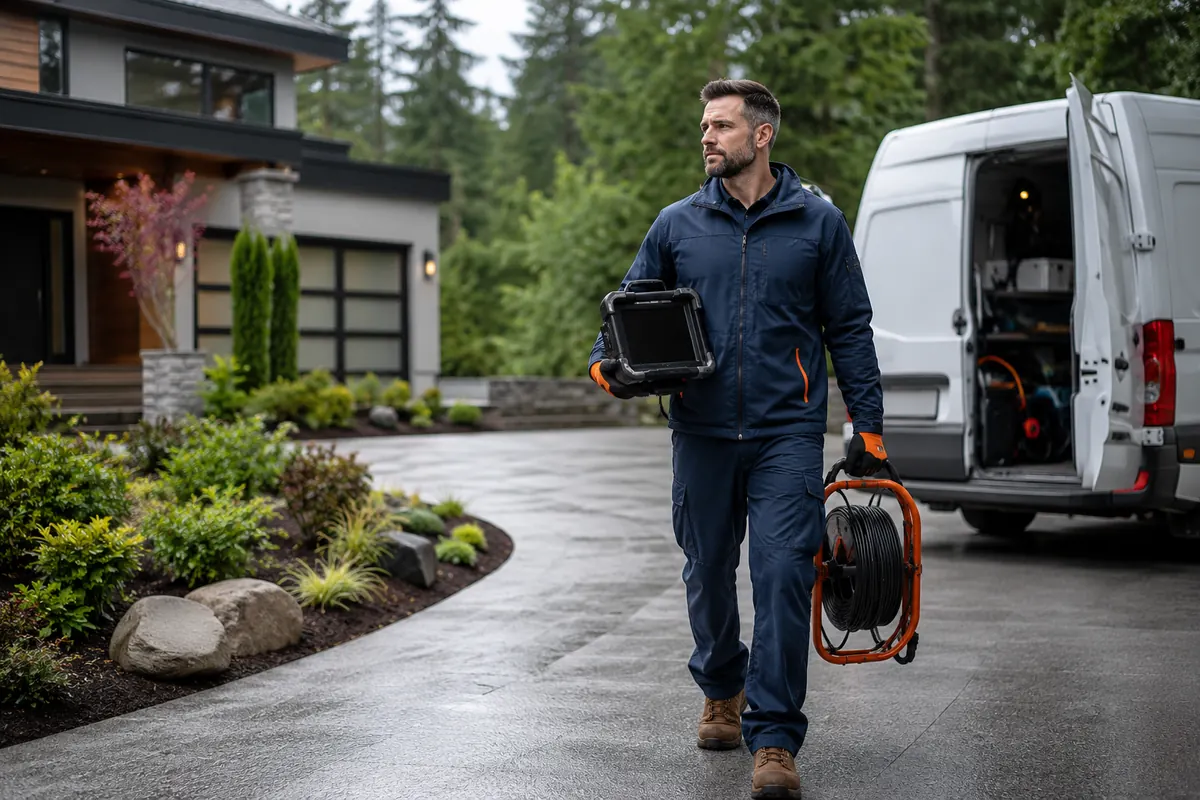 Drain Authority technician arriving for sewer camera inspection in Renton, WA with professional inspection equipment.