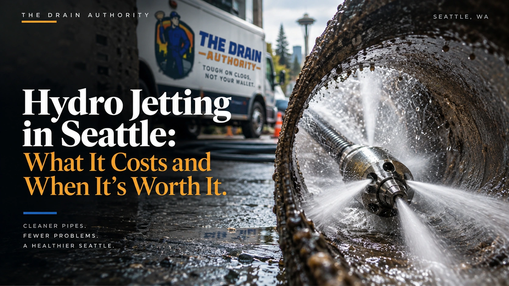 Hydro jetting nozzle spraying inside a Seattle sewer line, stripping buildup from the pipe wall