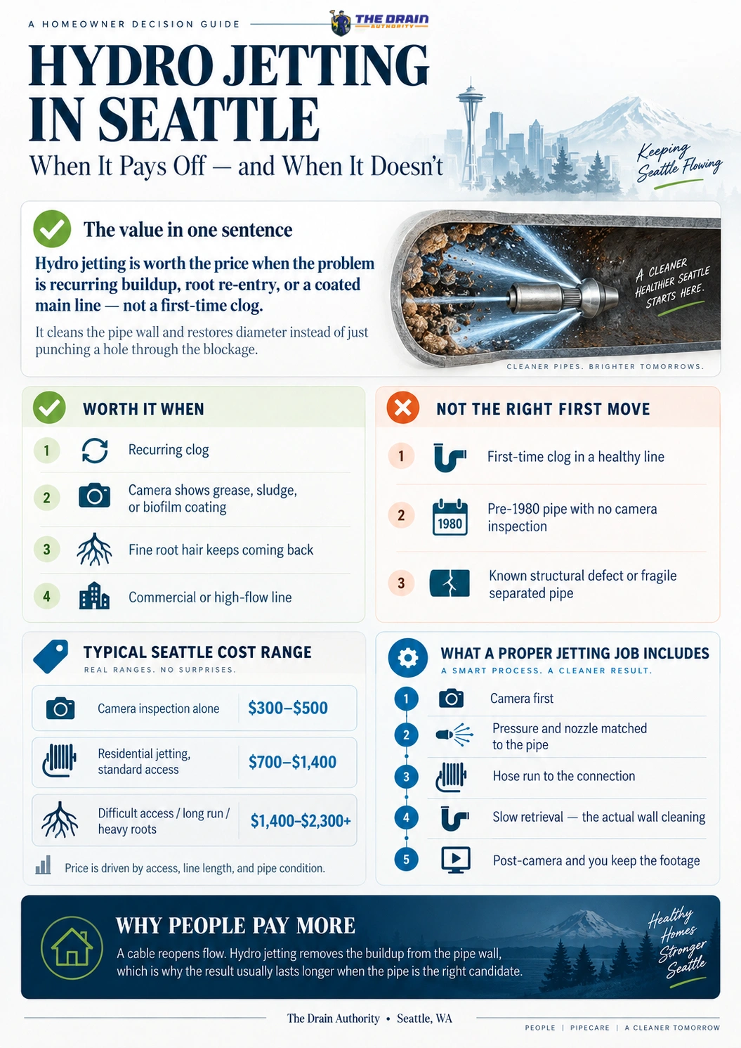 Decision guide showing when hydro jetting is worth it in Seattle, when it is not, cost ranges and the five-stage process
