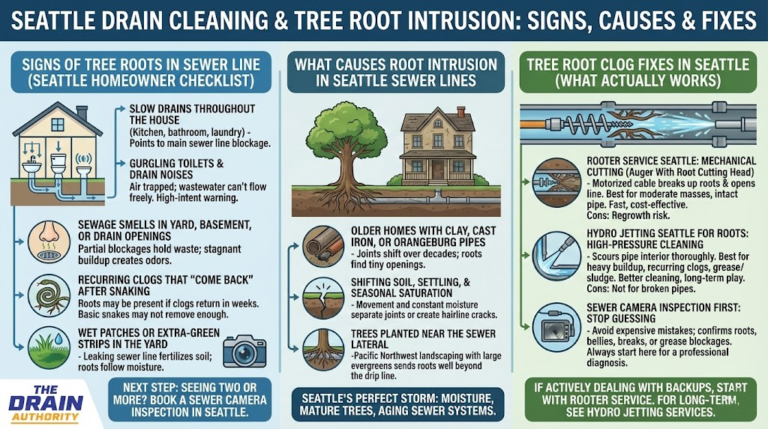 Infographic showing how tree roots enter Seattle sewer lines through cracked joints and how to prevent repeat drain clogs