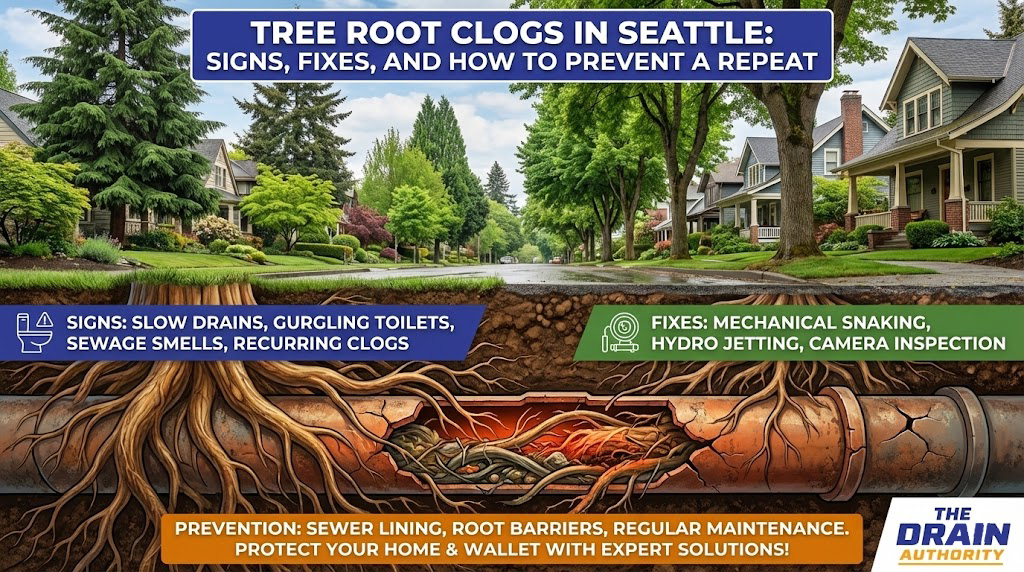 Tree root clogs in Seattle cause slow drains and backups. Learn warning signs, best fixes, and how to prevent root intrusion from returning.