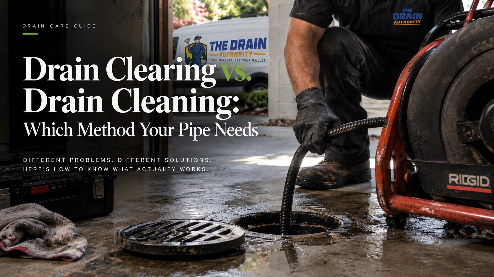 Drain technician selecting between a cable machine and a hydro jetter at an open sewer cleanout in Seattle