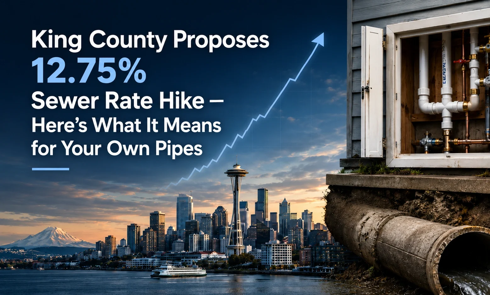 Aging clay sewer pipe being inspected with HD camera in Seattle home as King County sewer rates rise