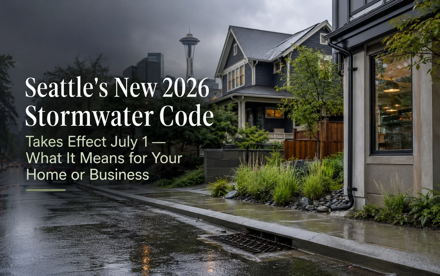 Rain flowing into a residential storm drain on a Seattle street under the new 2026 Stormwater Code