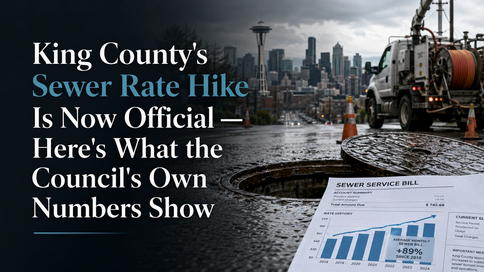 Aging cast iron sewer pipe beside a rising utility bill, symbolizing King County's 2027 sewer rate hike in Seattle | The Drain Authority News