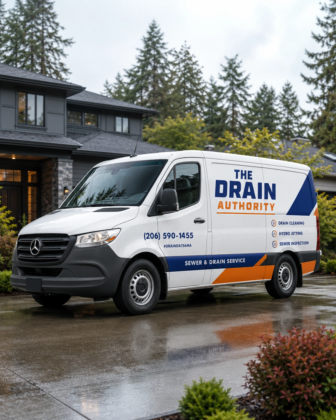 The Drain Authority drain cleaning company van at a Seattle job site