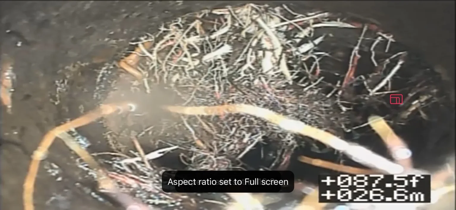 Sewer camera footage showing a root mass growing inside a sewer line 87 feet from the access point