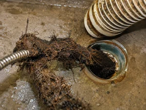 Root mass pulled from a drain beside a cleaning cable