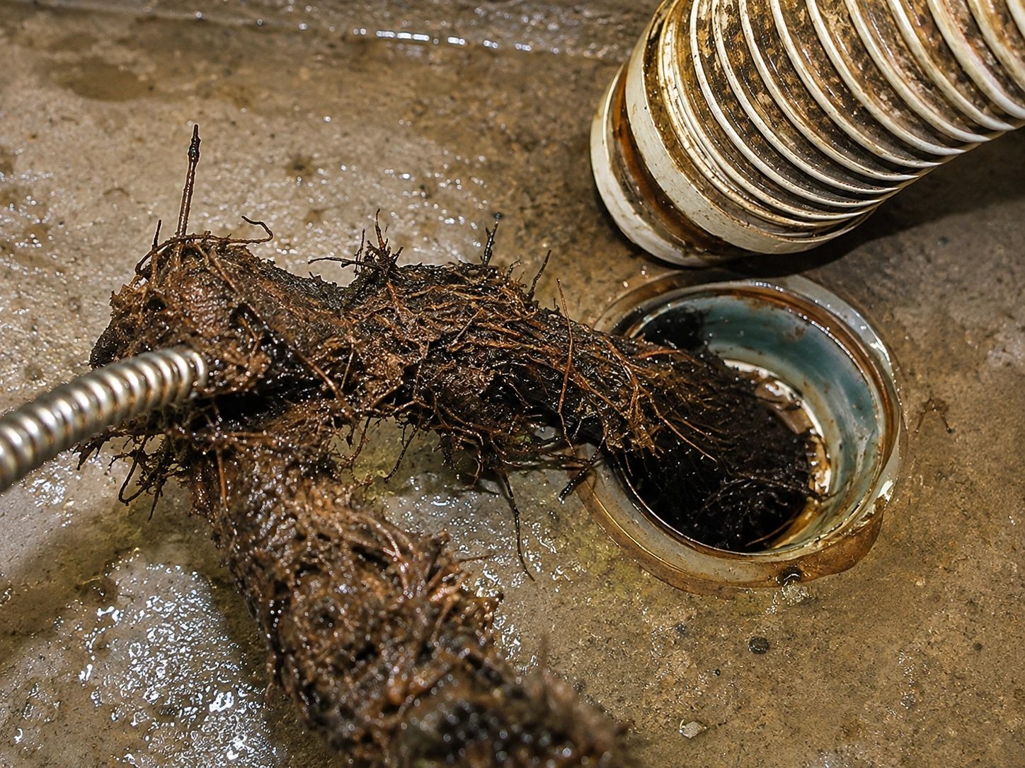 Drain cleaning technician clearing a clogged kitchen drain line in a Seattle home