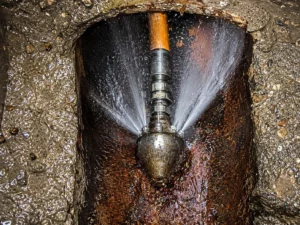 Hydro jetting nozzle spraying inside a scale-lined cast iron sewer pipe in Seattle