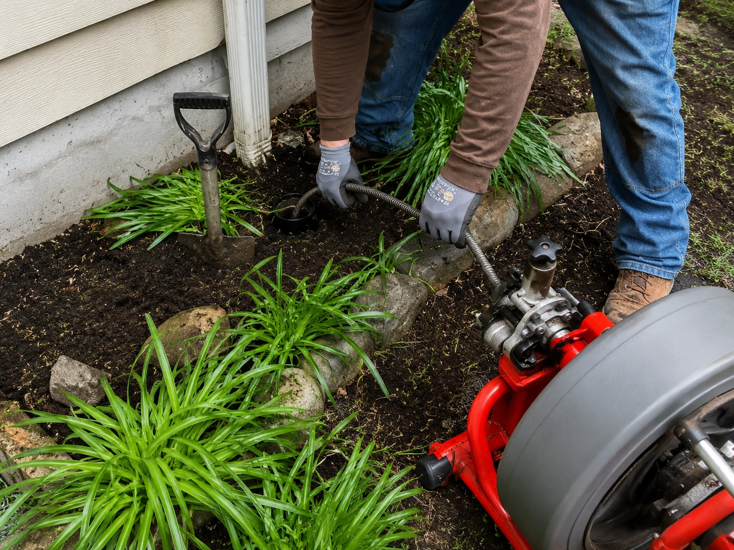 Rooter service technician running a mechanical cable through a blocked sewer line in Seattle