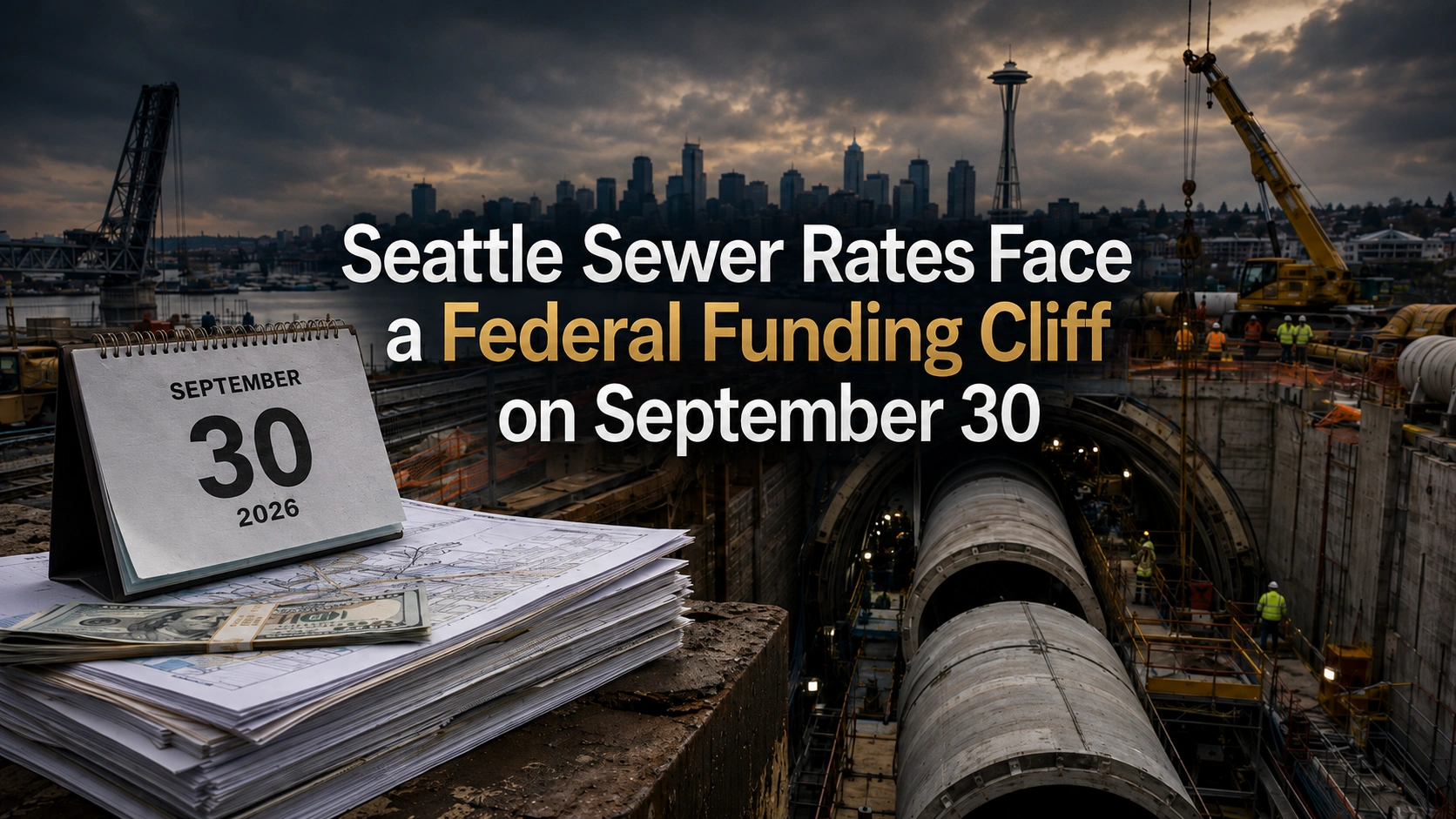 Large-diameter sewer tunnel under construction beneath a Seattle neighborhood, illustrating the federal water funding deadline behind 2027 King County sewer rates