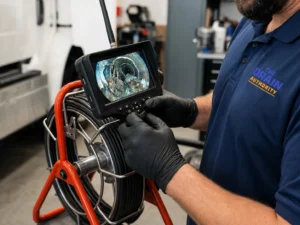 Sewer camera monitor and reel used for a Seattle sewer inspection