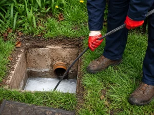 Technician working a cable into an outdoor sewer cleanout