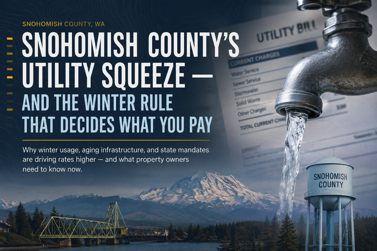 Utility bill and water meter representing 2026 water and sewer rate increases for Lynnwood, Edmonds and Mountlake Terrace households