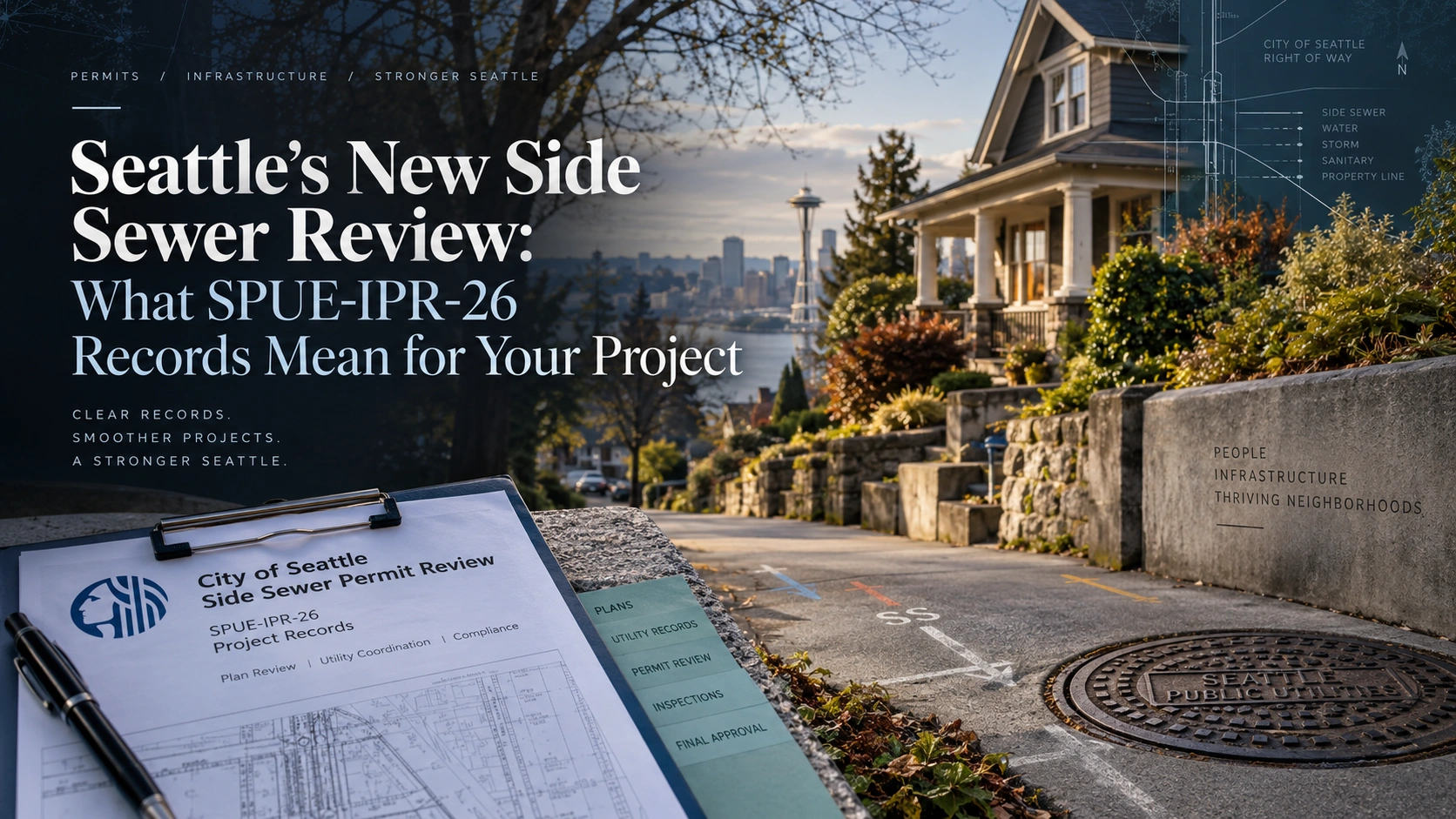 Seattle side sewer trench excavation with exposed pipe at a residential construction permit site | The Drain Authority