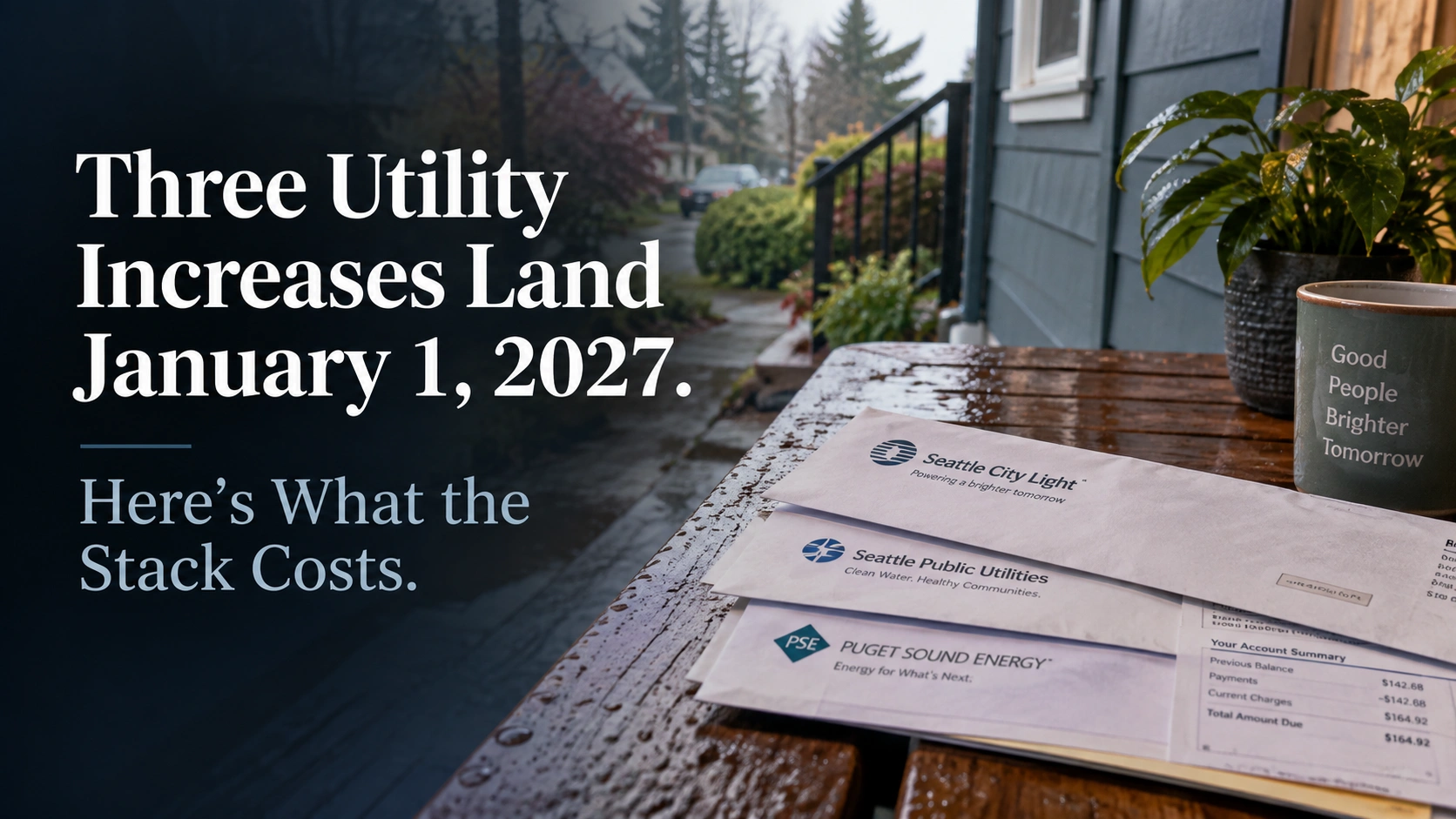 Seattle Public Utilities bill and King County sewer rate notice on a kitchen table