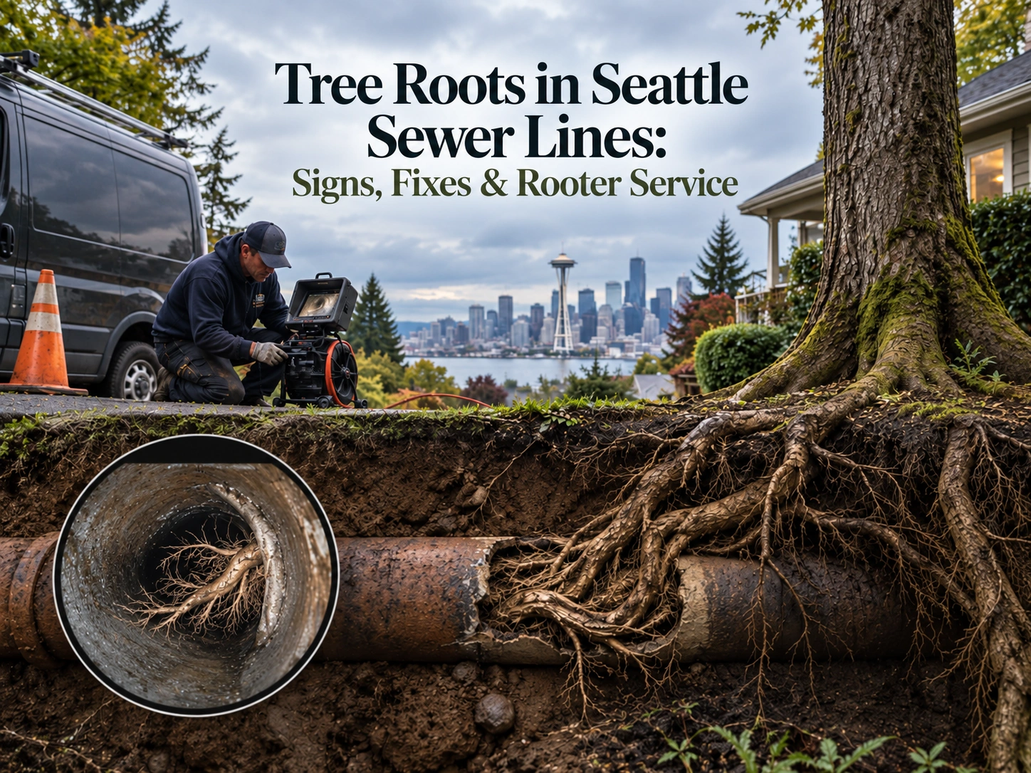 Tree roots clogging a Seattle sewer line, with rooter service and drain cleaning fixes from The Drain Authority