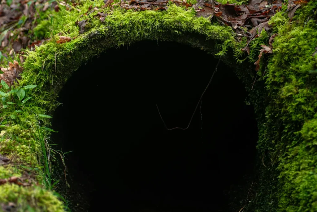 Moss-covered opening of an underground drain pipe