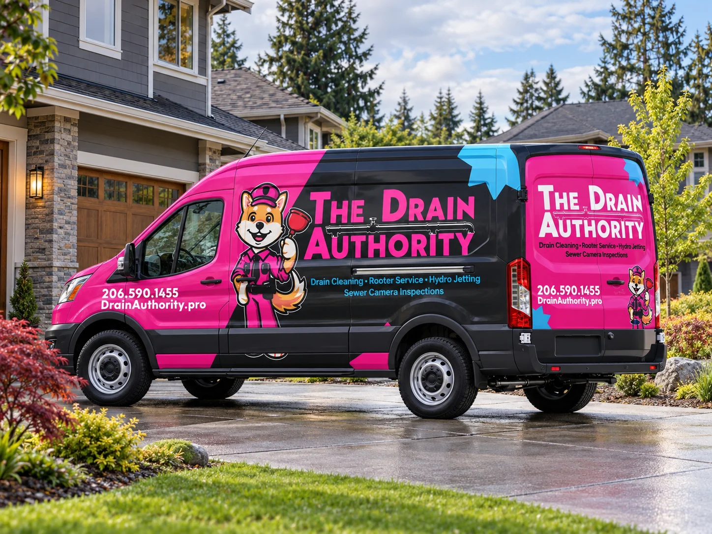 The Drain Authority drain cleaning van parked in a residential Seattle-area driveway