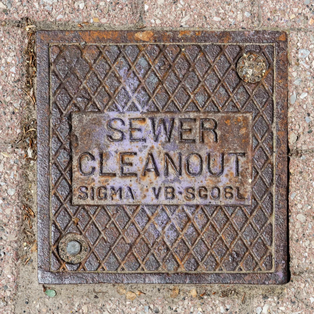 Square cast metal cover marked SEWER CLEANOUT set in pavement
