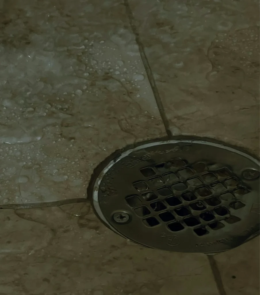 Round shower floor drain on a tiled shower floor
