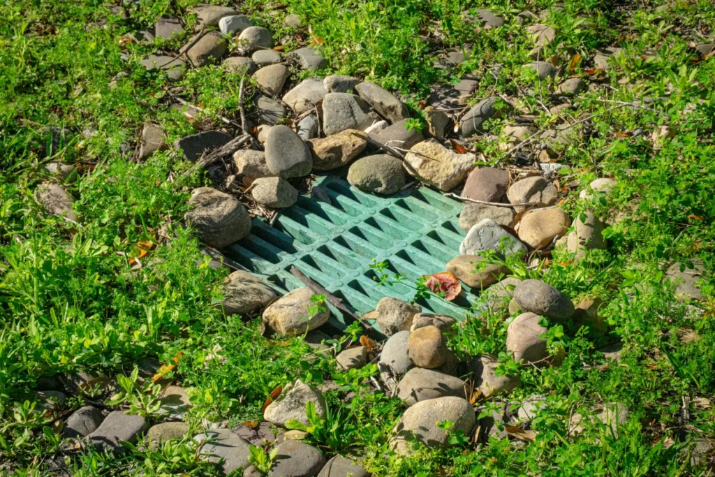 Green plastic yard drain grate set in a lawn, ringed with river rock